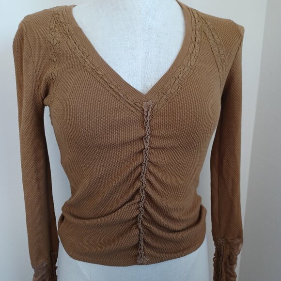 Free People Top Wear Me Out Brown Waffle Knit Long Sleeve Cropped Tee Size XS - Picture 14 of 16